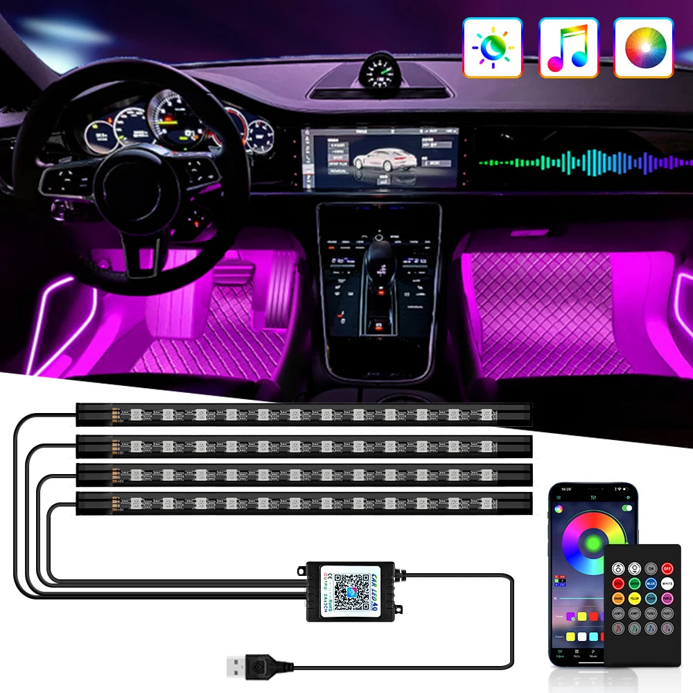Kit LED RGB Ambient pentru Interior Auto - Iluminare Footwell cu Control APP