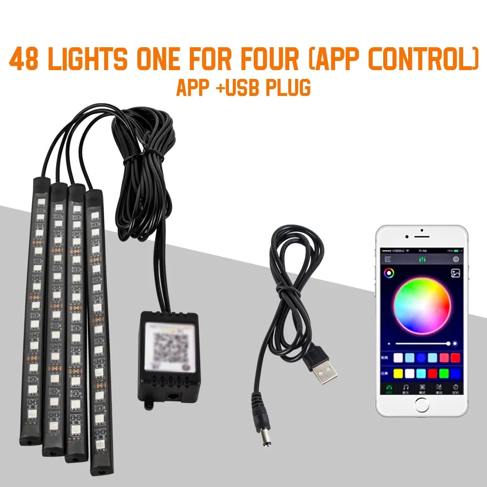 Kit LED RGB Ambient pentru Interior Auto - Iluminare Footwell cu Control APP