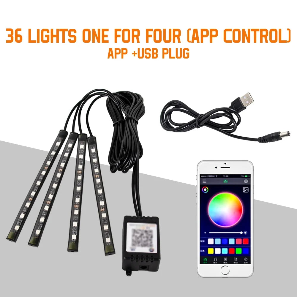 Kit LED RGB Ambient pentru Interior Auto - Iluminare Footwell cu Control APP