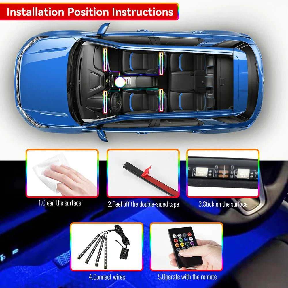 Kit LED RGB Ambient pentru Interior Auto - Iluminare Footwell cu Control APP